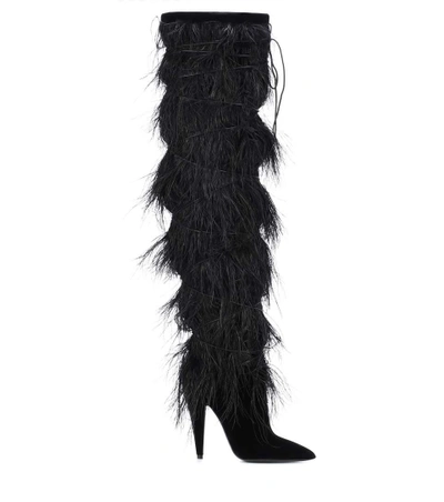 Shop Saint Laurent Yeti 110 Feather-trimmed Velvet Boots In Black