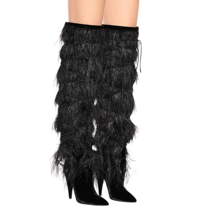 Shop Saint Laurent Yeti 110 Feather-trimmed Velvet Boots In Black