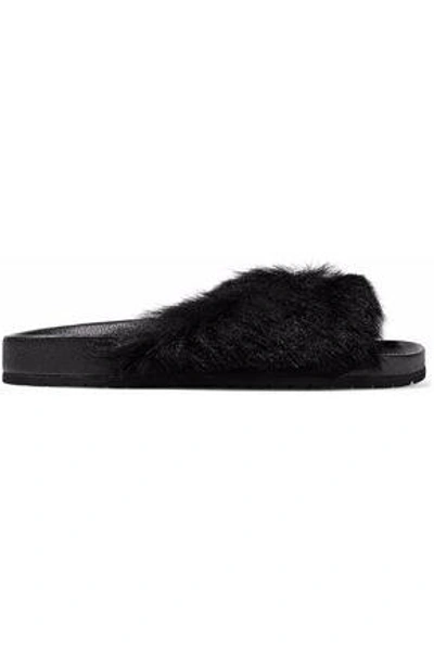Shop Vince Shearling And Leather Slides In Black
