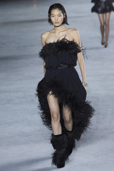 Shop Saint Laurent Feather-trimmed Dress In Black