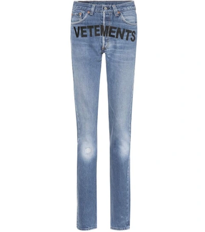 Vetements Slim Fit Logo Printed Denim In Blue | ModeSens