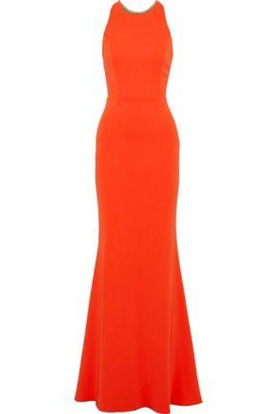 Shop Marchesa Notte Woman Embellished Tulle-paneled Cady Gown Bright Orange