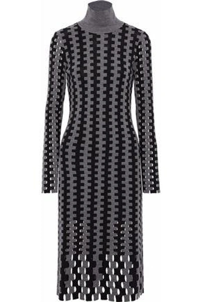 Shop Diane Von Furstenberg Woman Cutout Intarsia Merino Wool Turtleneck Dress Gray
