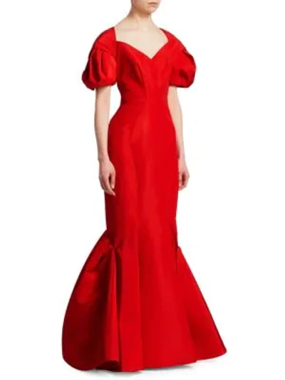 Shop Zac Posen Puff Sleeve Silk Mermaid Gown In Grenadine