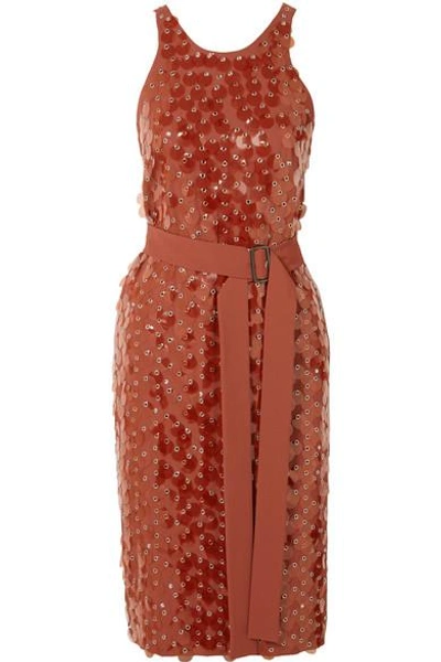 Shop Bottega Veneta Belted Embellished Crepe Wrap Dress In Orange