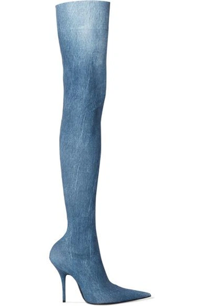 Shop Balenciaga Knife Printed Spandex Thigh Boots In Blue