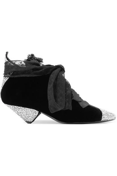 Shop Saint Laurent Blaze Crystal-embellished Lace-trimmed Velvet Ankle Boots In Black