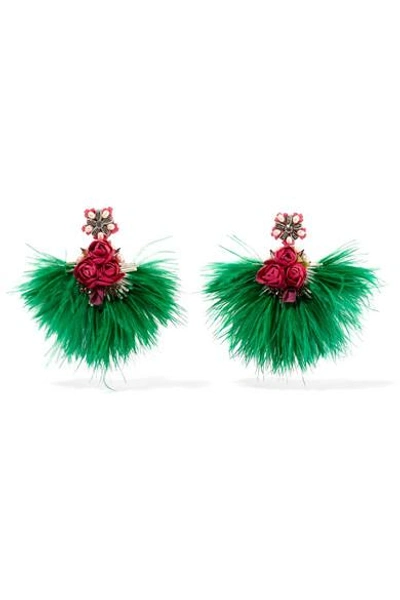 Shop Ranjana Khan Swan Feather, Mother-of-pearl And Crystal Clip Earrings In Green