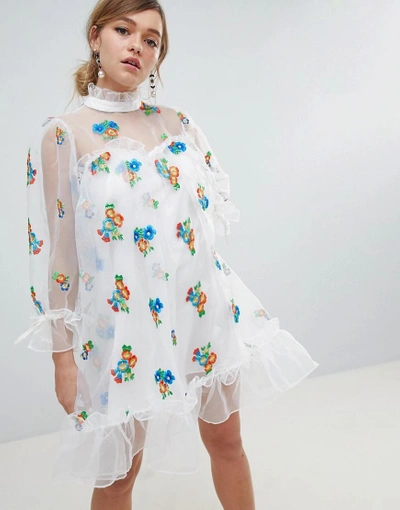 Shop Sister Jane Organza Smock Dress With Gathered Cuffs And Floral Embroidery - White