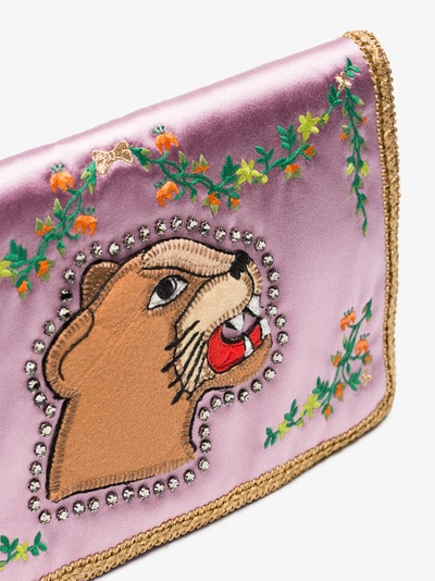 Shop Gucci Multicoloured Broadway Lion Silk Clutch In Pink/purple