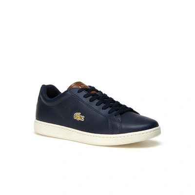 Shop Lacoste Men's Carnaby Evo Leather Sneakers In Navy/brown