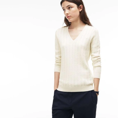 Lacoste Women's V-neck Cable Knit Sweater In Cake Flour White | ModeSens