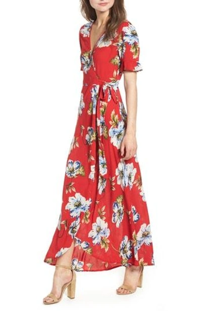 Shop Band Of Gypsies Blue Moon Floral Print Wrap Dress In Red/ Sky