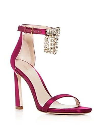 Shop Stuart Weitzman Women's 100fringesquarenudist Satin Embellished High Heel Ankle Strap Sandals In Grape