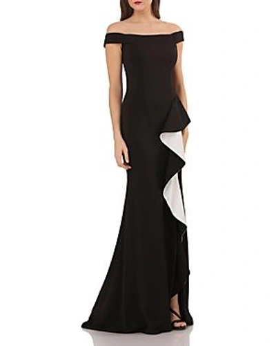 Shop Carmen Marc Valvo Infusion Off-the-shoulder Gown In Black/white