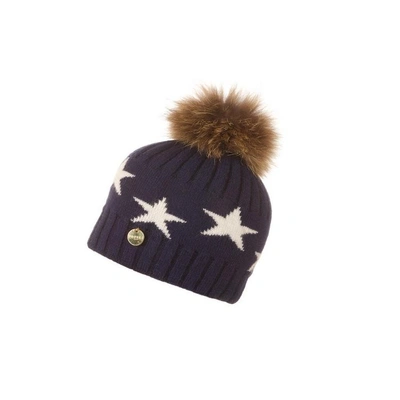Shop Popski London Faux Fur Angora Pom Pom Hat With Stars - Navy