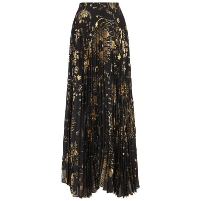 Shop Alice And Olivia Shannon Foil-print Pleated Maxi Skirt In Black