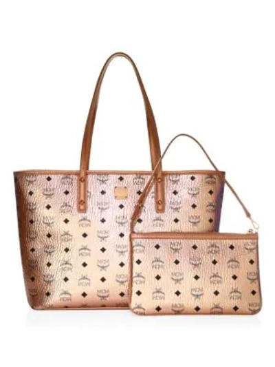 Shop Mcm Medium Anya Metallic Visetos Shopper In Champagne