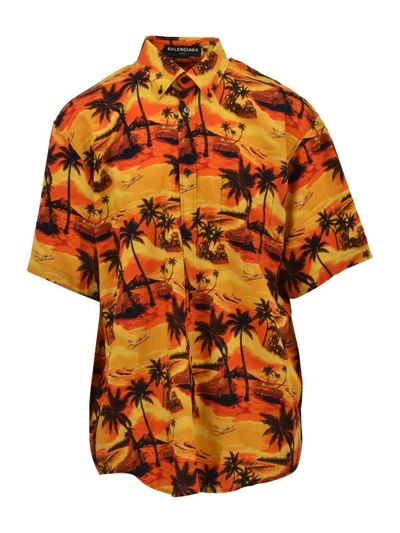 Balenciaga Hawaiian Print Poplin Short Sleeve Shirt In Orange + Yellow |  ModeSens