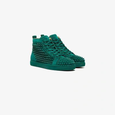 Shop Christian Louboutin Green Louis Spike Suede Sneakers