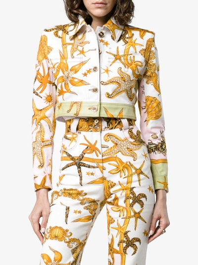Shop Versace Cropped Denim Jacket With Marine Print In Yellow/orange