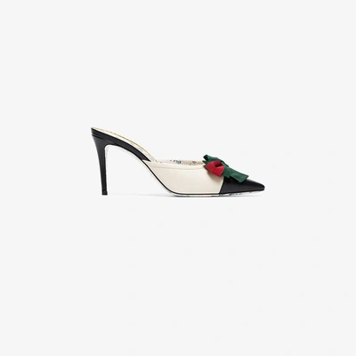 Shop Gucci Leather Mid-heel Slide With Web Bow In Multicolour