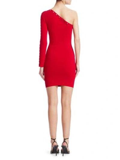 Shop Alexander Wang One-shoulder Snap-sleeve Bodycon Dress In Red