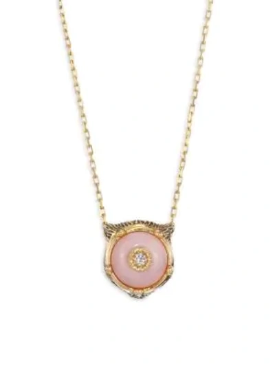 Shop Gucci Feline Head Pink Opal & Diamond Pendant Necklace In Yellow Gold