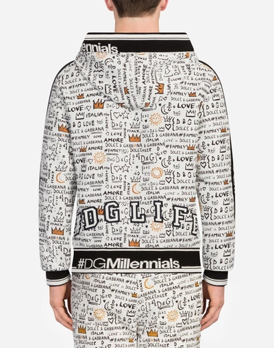 Shop Dolce & Gabbana Bomber Jacket In Printed Nylon With Patches And Hood In White