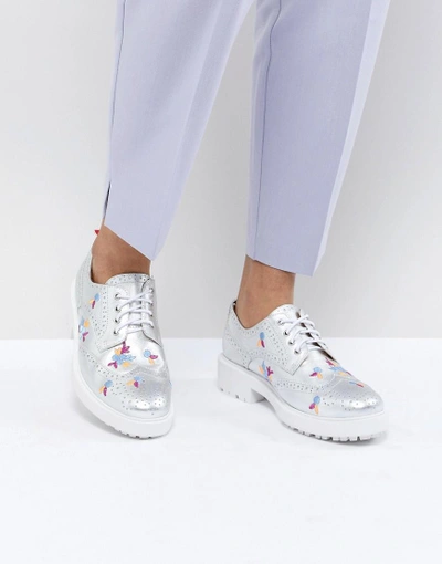 Shop Essentiel Antwerp Leather Brogues With Embroidery In Silver