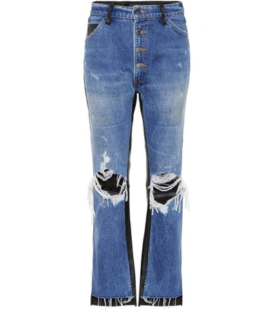 Shop Amiri Leather-trimmed Cropped Jeans In Blue