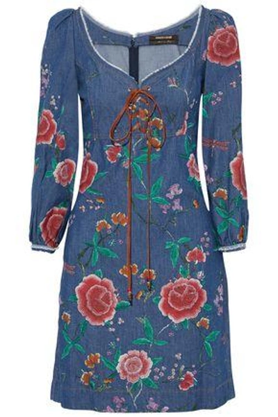 Shop Roberto Cavalli Woman Lace-up Floral-print Denim Dress Mid Denim
