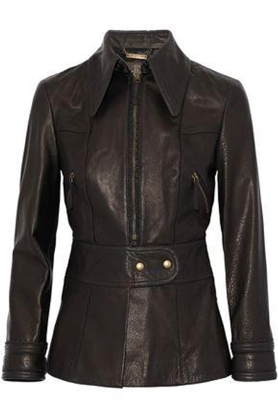 Shop Roberto Cavalli Woman Brushed-leather Jacket Dark Brown