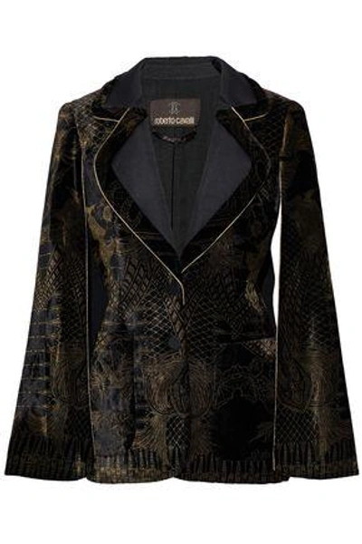 Shop Roberto Cavalli Woman Cape-effect Twill-paneled Metallic Printed Velvet Jacket Black In Multicolor
