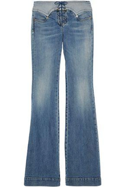 Shop Roberto Cavalli Woman Lace-up Faded Mid-rise Flared Jeans Mid Denim