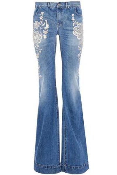 Shop Roberto Cavalli Woman Embroidered Faded Mid-rise Flared Jeans Mid Denim