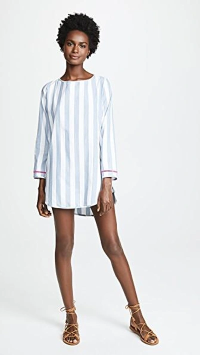 Shop Soleil Chambray Open Back Dress In Blue/white Stripe