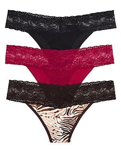 Natori Bliss Perfection Thongs, Set Of 3 In Zebra Print/black/wine
