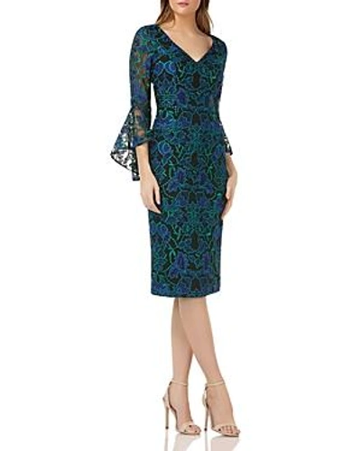 Shop Carmen Marc Valvo Bell-sleeve Lace Dress In Blue Multi
