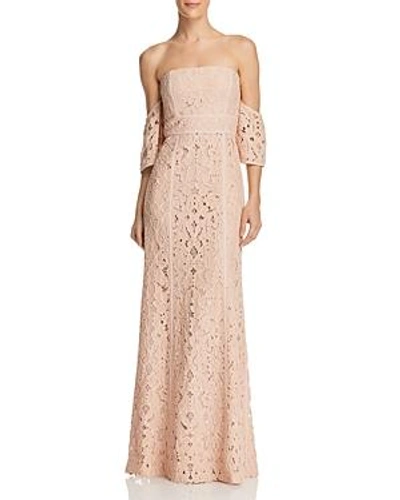 Shop Bcbgmaxazria Off-the-shoulder Gown In Bare Pink Combo