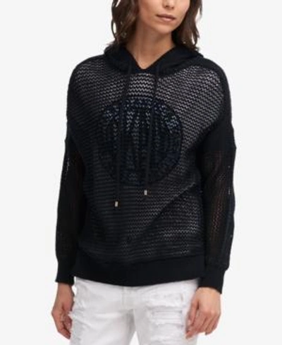 Shop Dkny Open-knit Cotton Hoodie In Black