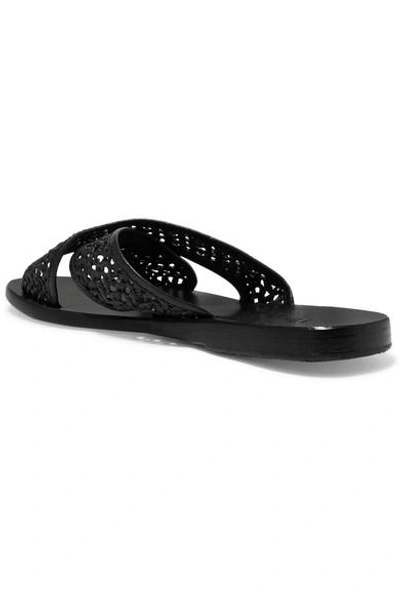 Shop Ancient Greek Sandals Thais Woven Raffia And Leather Slides In Black