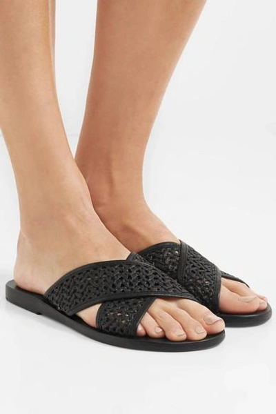 Shop Ancient Greek Sandals Thais Woven Raffia And Leather Slides In Black