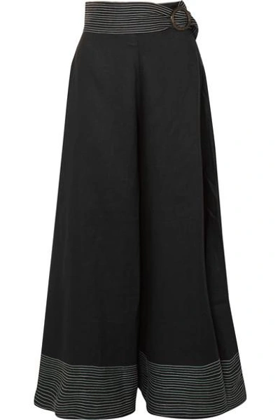 Shop Paper London Salina Belted Linen Wide-leg Pants In Black