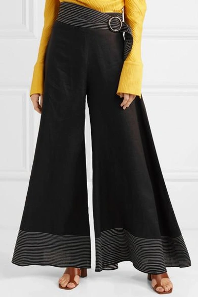 Shop Paper London Salina Belted Linen Wide-leg Pants In Black