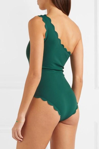 Shop Marysia Santa Barbara One-shoulder Scalloped Swimsuit In Emerald
