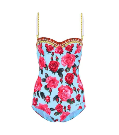 Shop Dolce & Gabbana Floral-printed Swimsuit In Blue
