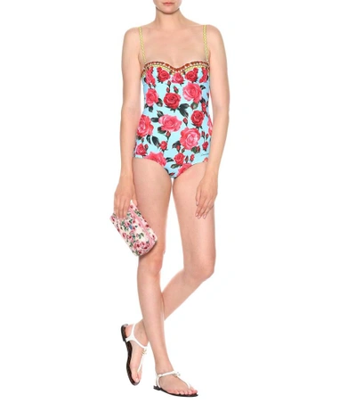 Shop Dolce & Gabbana Floral-printed Swimsuit In Blue
