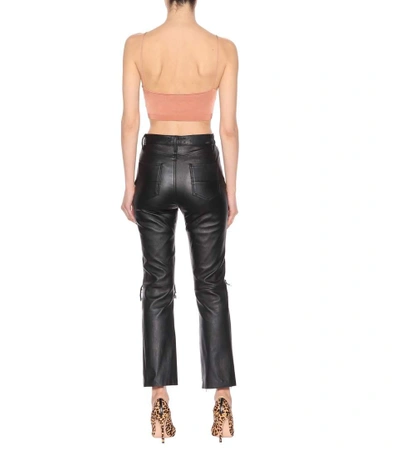Shop Amiri Leather And Denim Crop Flare Jeans In Black