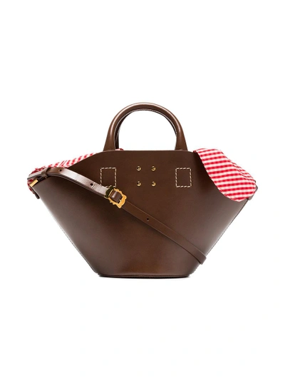 Shop Trademark Brown Small Leather Basket Gingham Bag In Tobacco